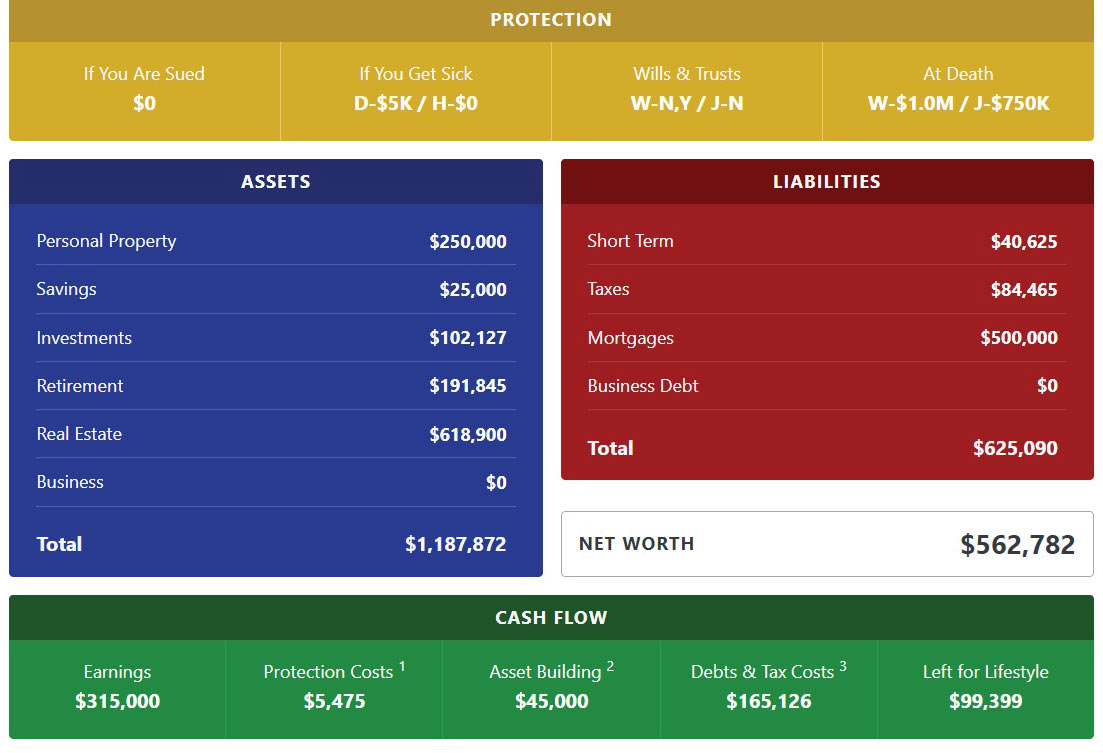 Example graphic of a Living Balance Sheet with Protection, Assets, Liabilities, and cash flow as main sections.